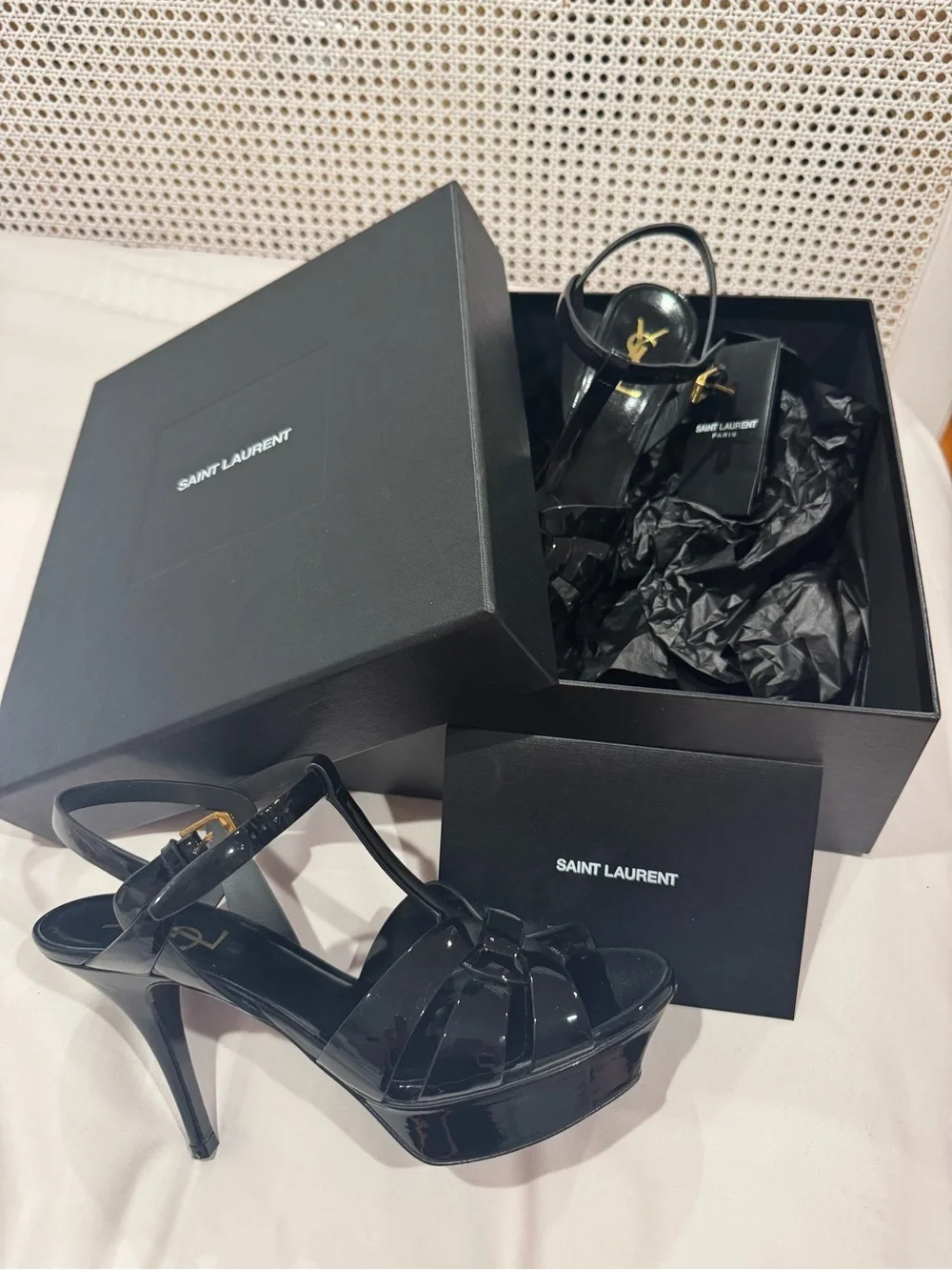 Tribute Saint Laurent Black Patent Leather Strappy Heels - Picture 2 of 7